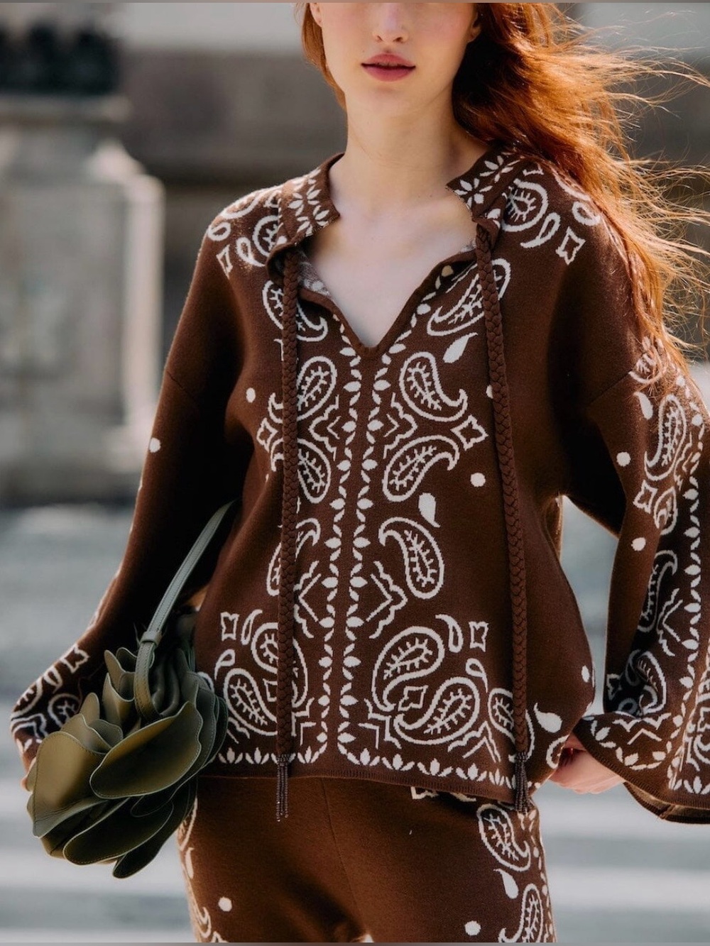 Farm Rio Brown Bohemian Paisley Beaded
Rope Knit Sweater. Medium. NWT